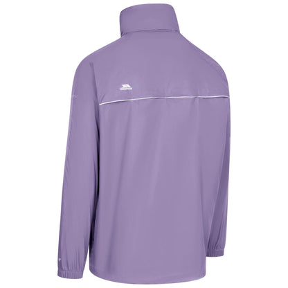 View from behind of a Purple Qikpac jacket with a Trespass brand logo on the chest against a white background