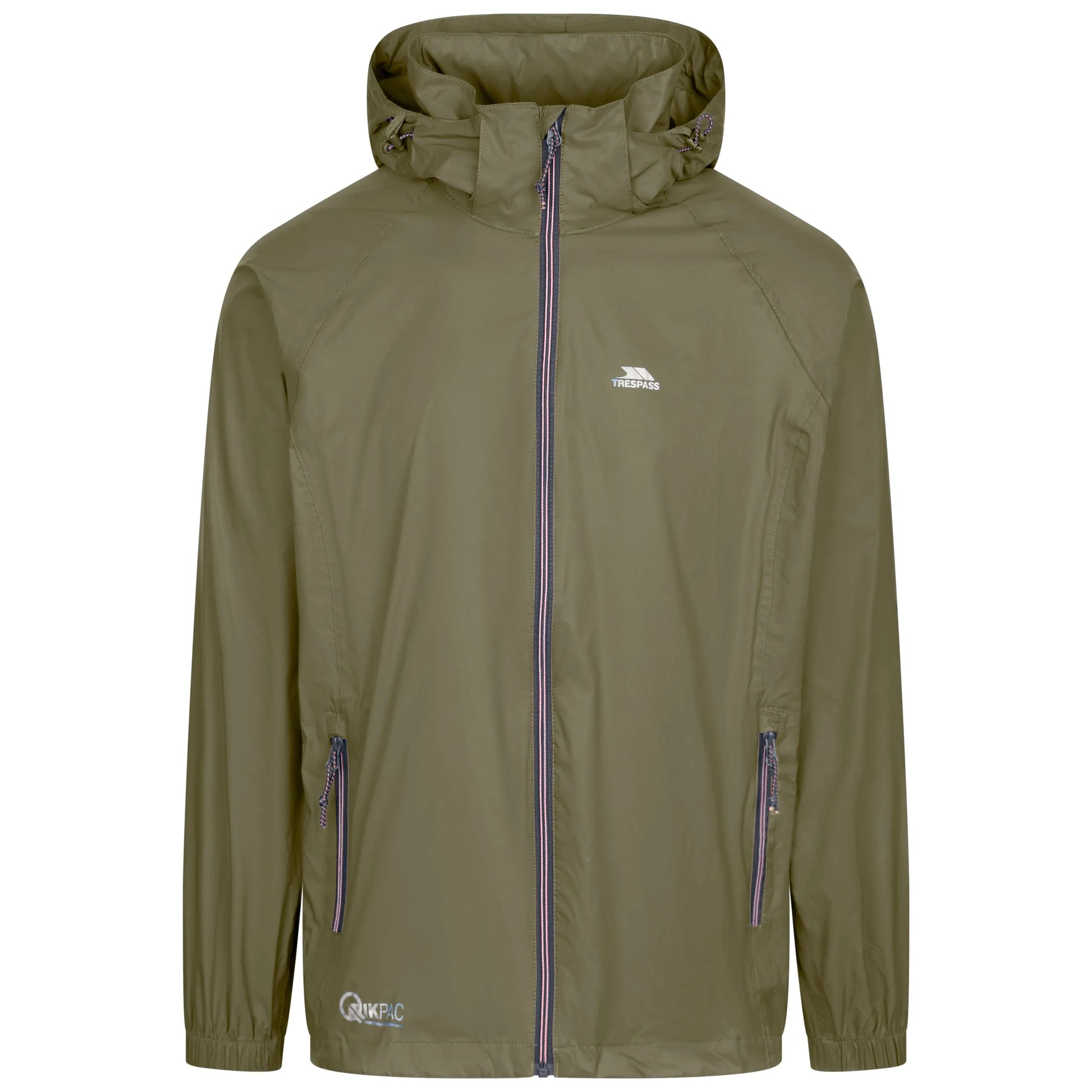 Green jacket with a Trespass brand logo on a white background