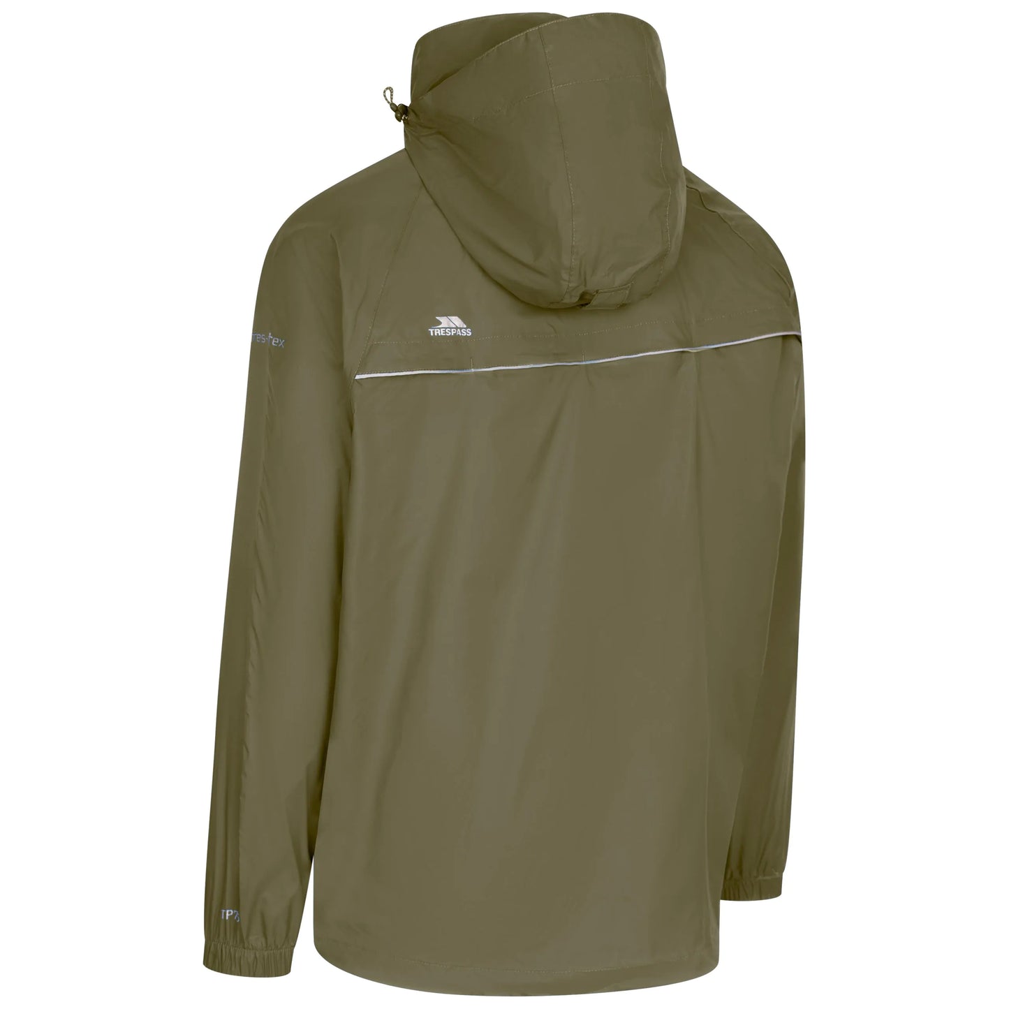 view from behind of a Green rain jacket with a hood on a white background