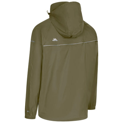 view from behind of a Green rain jacket with a hood on a white background