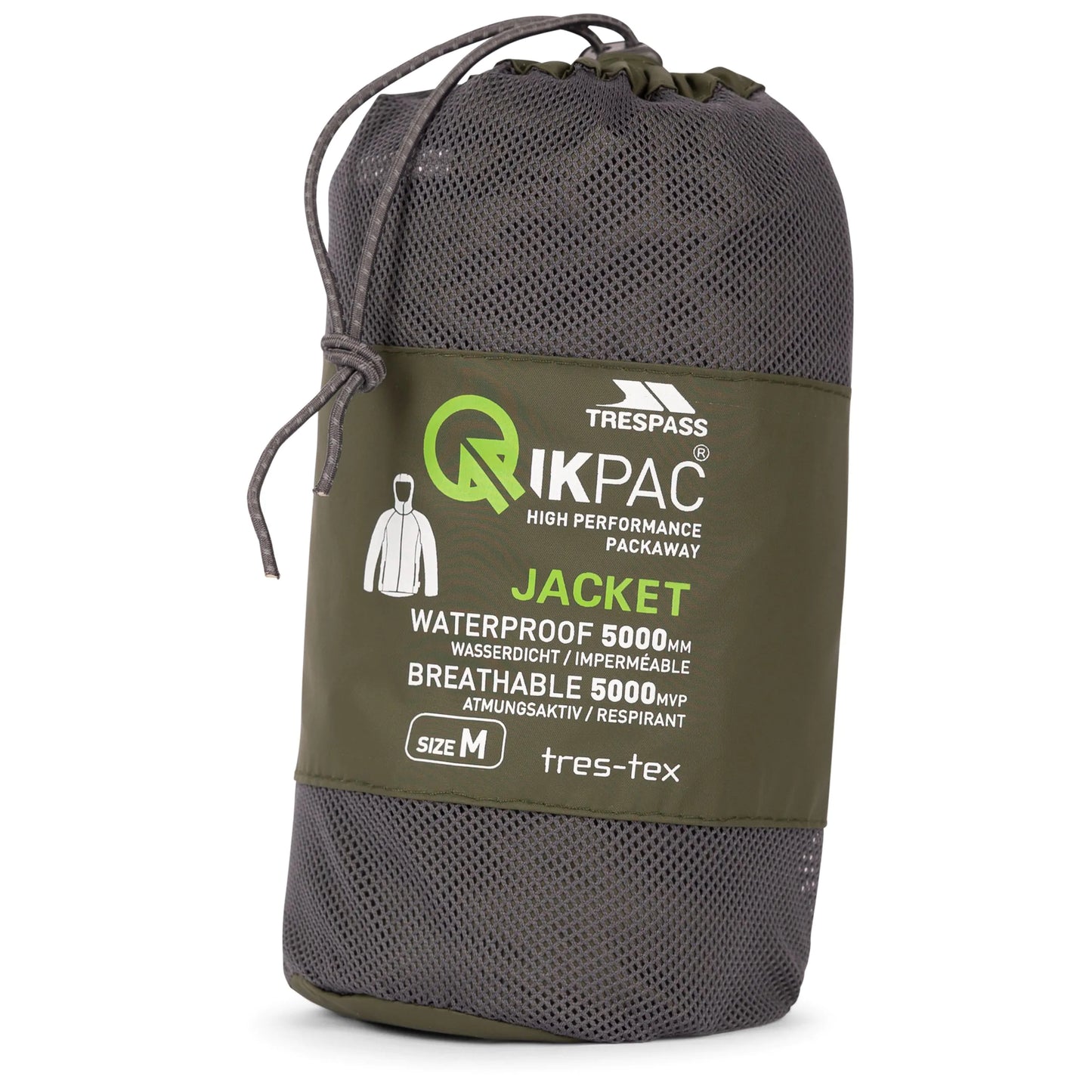 Green and gray jacket packaging with Trespass branding on a white background