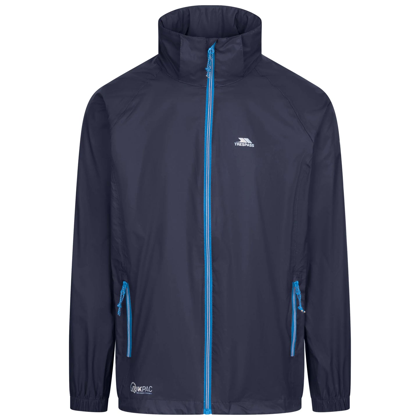 Navy Trespass Qikpac jacket with blue zippers and accents on a white background
