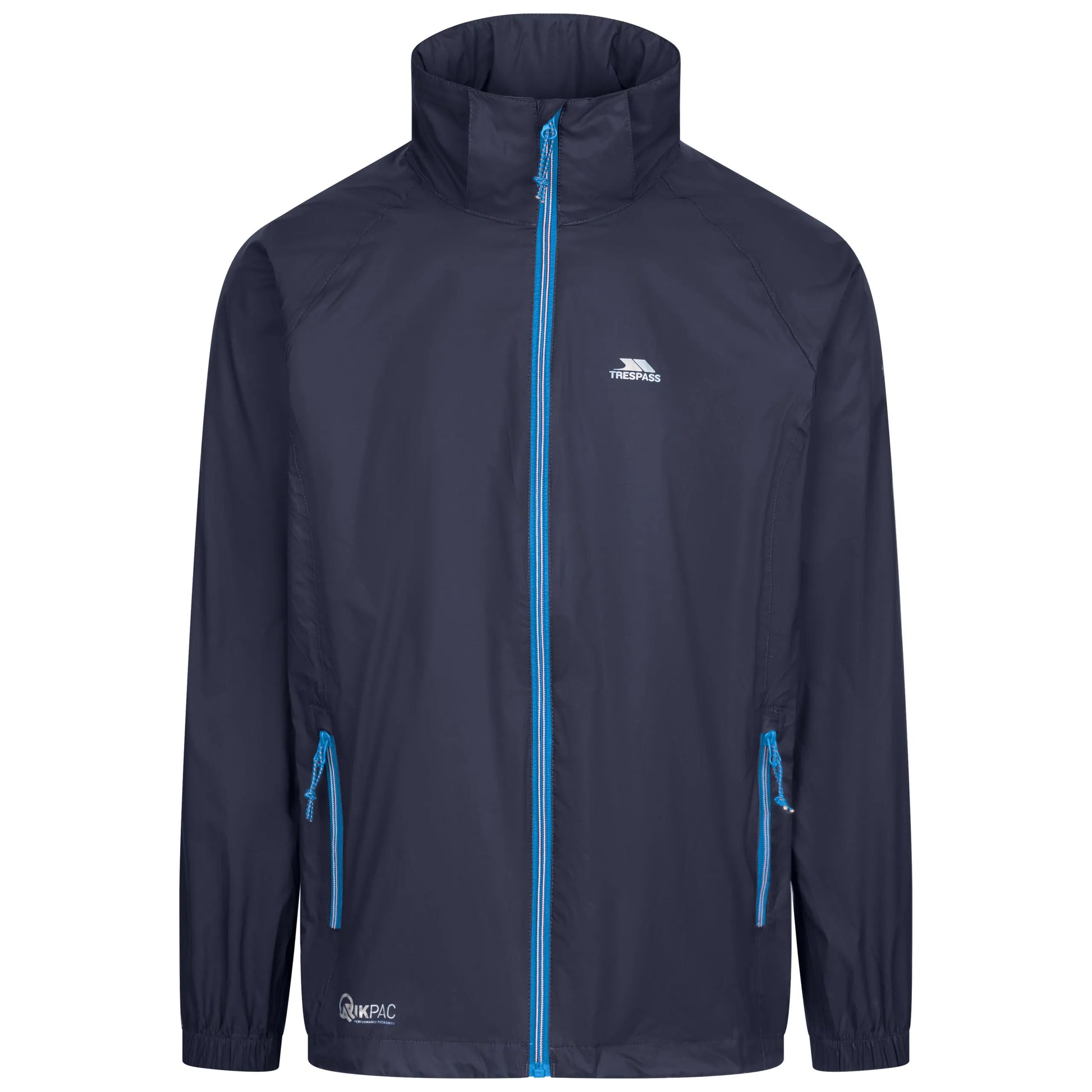 Navy Trespass Qikpac jacket with blue zippers and accents on a white background