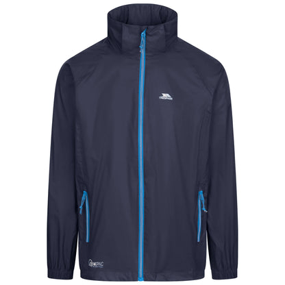 Navy Trespass Qikpac jacket with blue zippers and accents on a white background