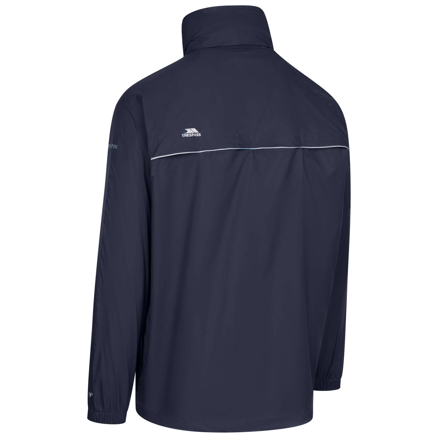Navy rain jacket with a Trespass brand logo on a white background