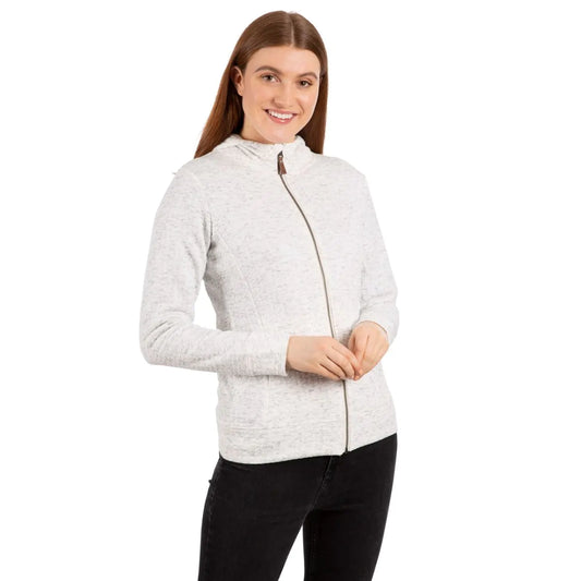 Woman wearing the Winnie women's full zip fleece hoodie in Ghost Marl with black leggings, front view