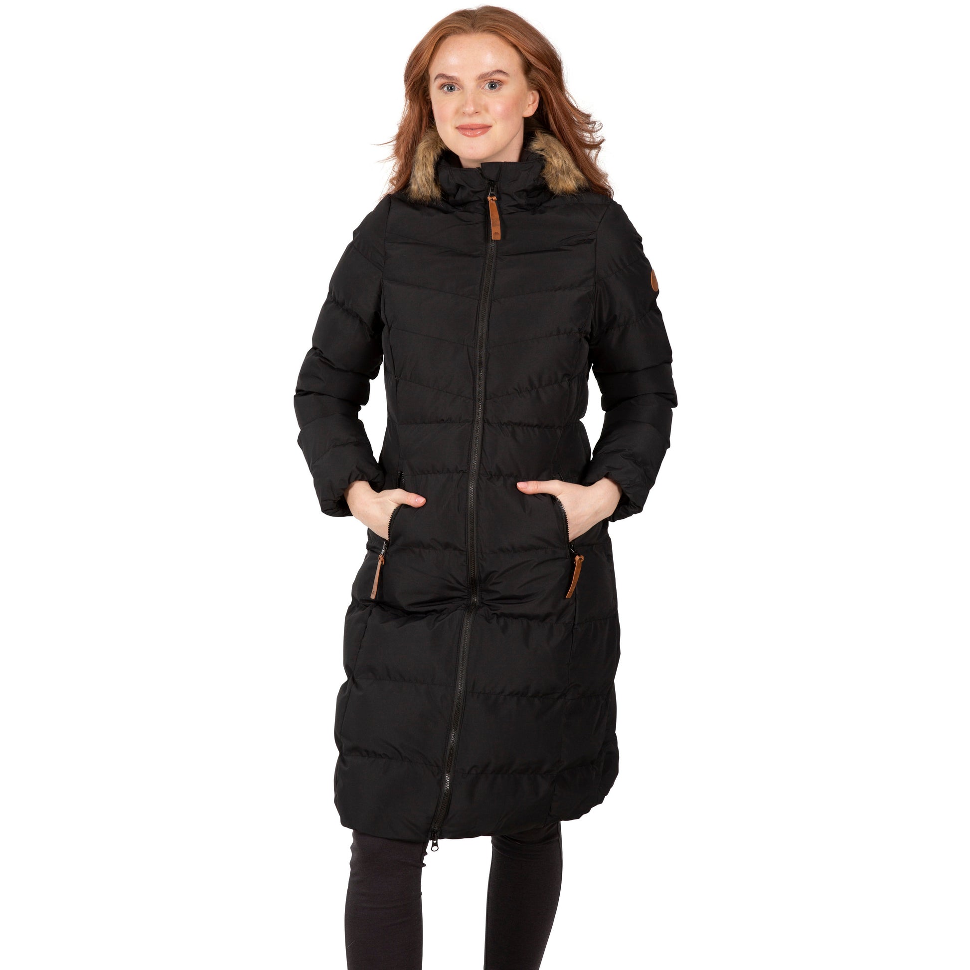 Woman wearing long trespass black padded jacket