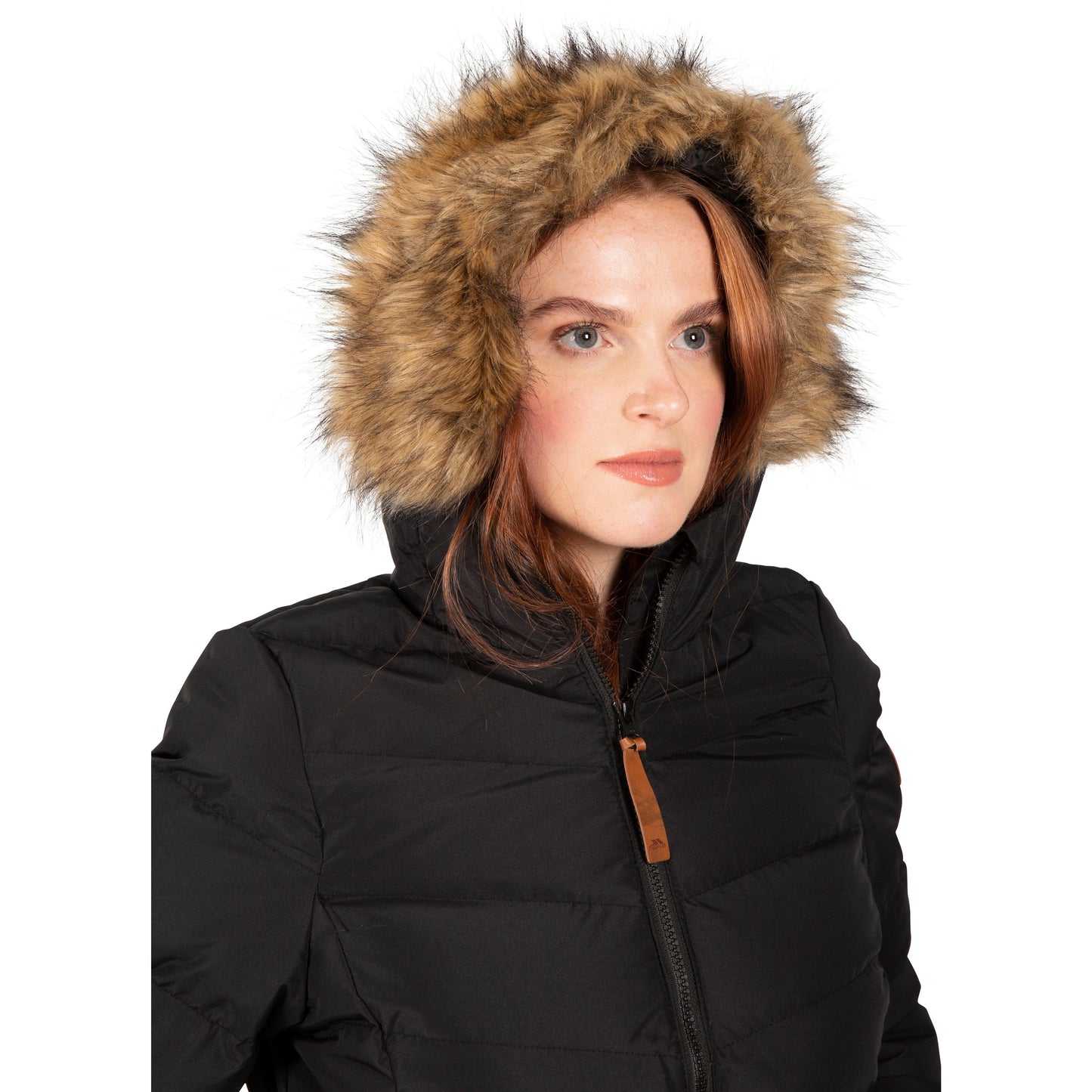 Woman wearing Black Trespass Audrey Padded Jacket with Hood Up