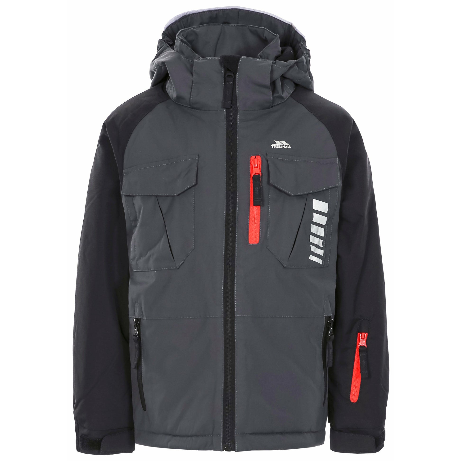 Front of Boys dark grey and black ski jacket freebored from trespass